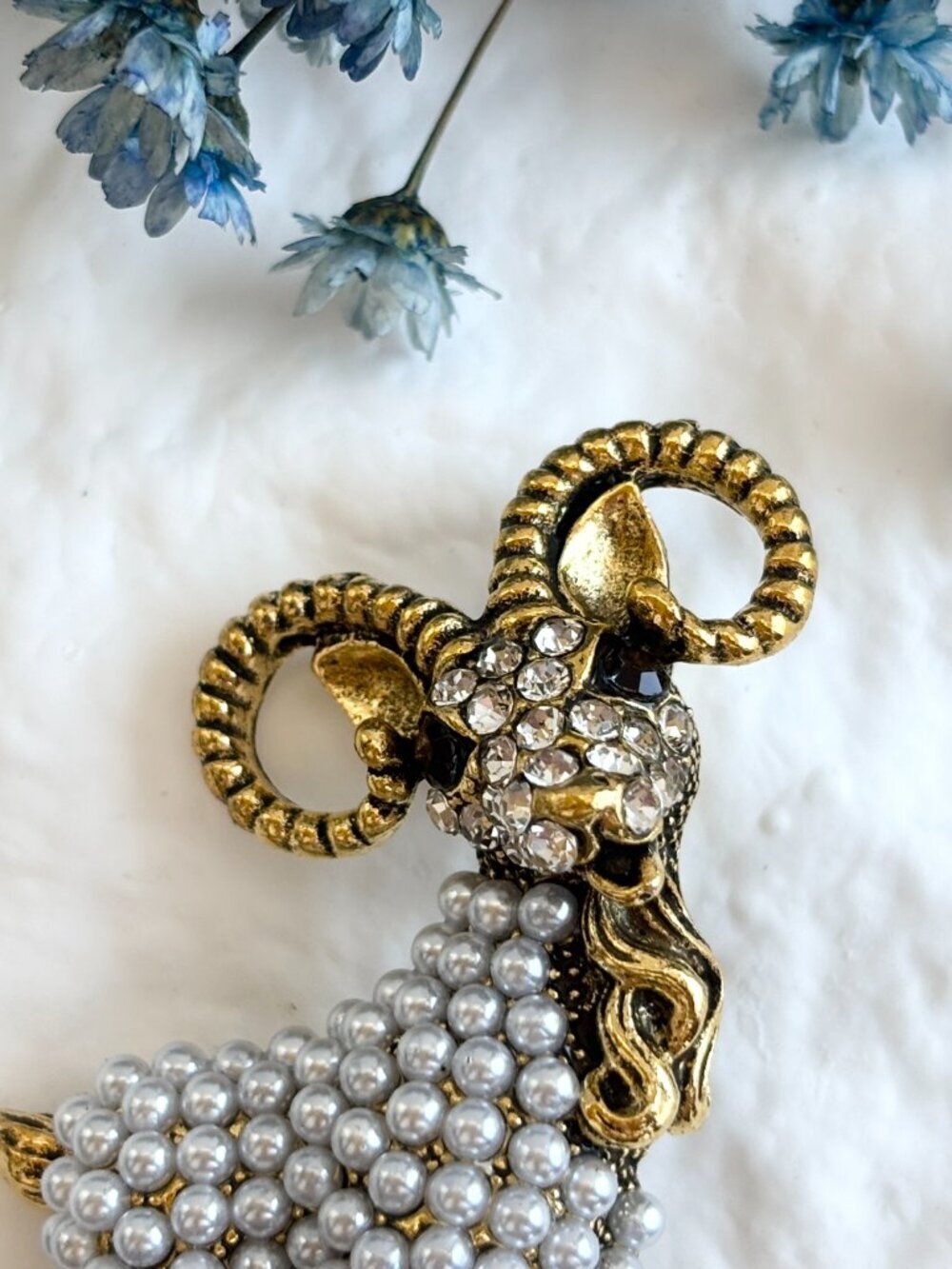 Goat Figural Gold Toned Pearl Accented Vintage Style Textured Brooch Pin - Picture 5 of 15